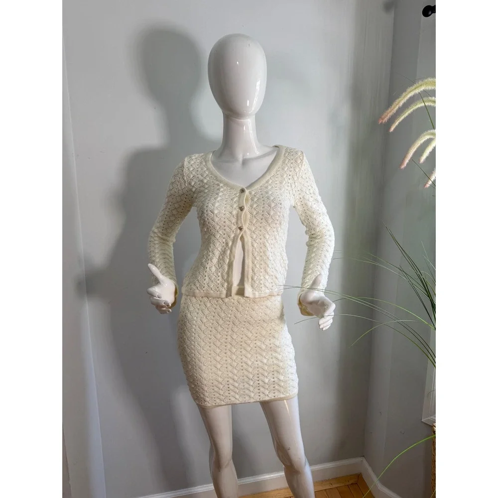 Commense Cotton Blends Hollow Skirt Set Womens Bohemian Outfit Off-White‎  XS